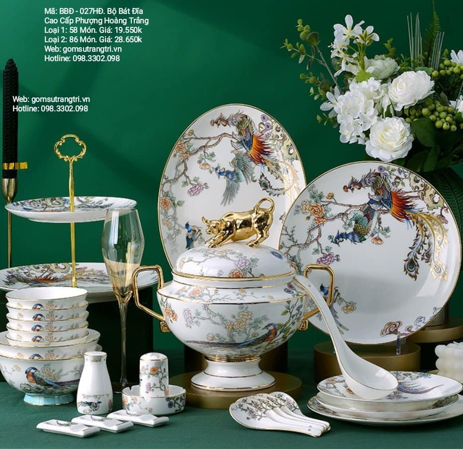 BỘ BÁT ĐĨA CAO CẤP PHƯỢNG HOÀNG TRẮNG